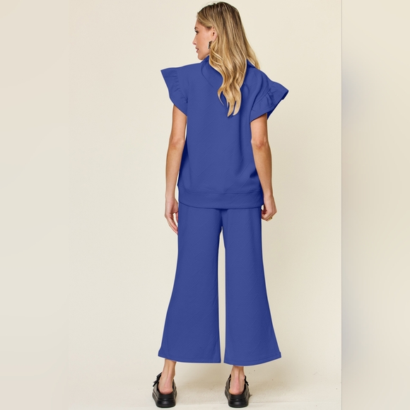 Double Take Texture Ruffle Short Sleeve Top and Drawstring Wide Leg Pants Set - Picture 2 of 5